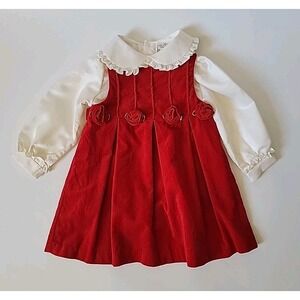 B.T. Kids Dress 2T Red Velour 2 Piece Pleated Peter Pan Collar Holiday Vintage